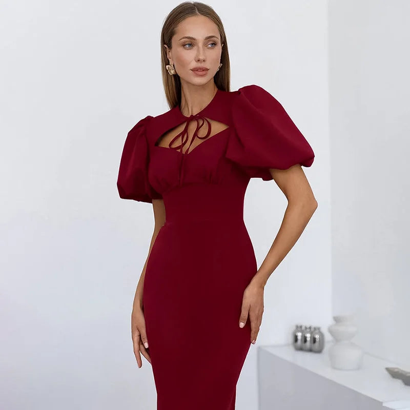Glorol - Elegant Hollow Out Lace-Up Patchwork Maxi Dress