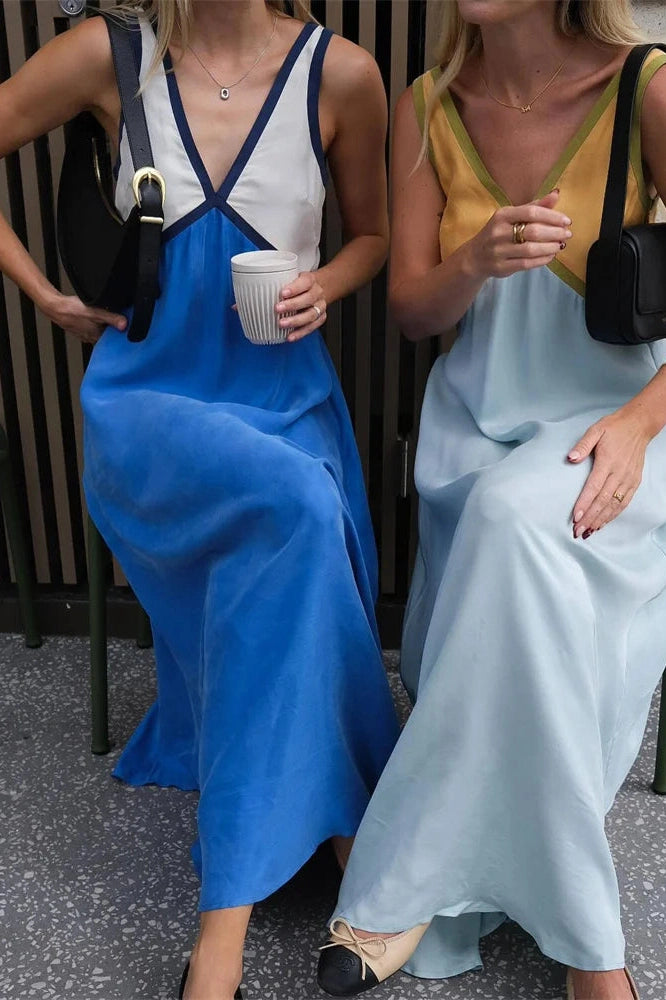 Glorol - Patchwork V-Neck Strapless Sleeveless Slim Maxi Dress