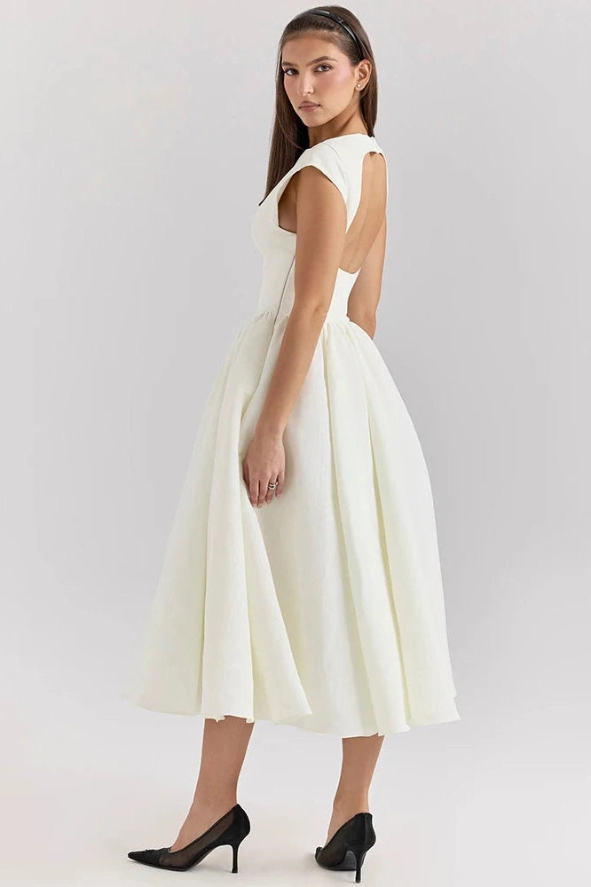 Glorol - Hollow Out Backless Sleeveless High Waist Pleated A-line Midi Dress