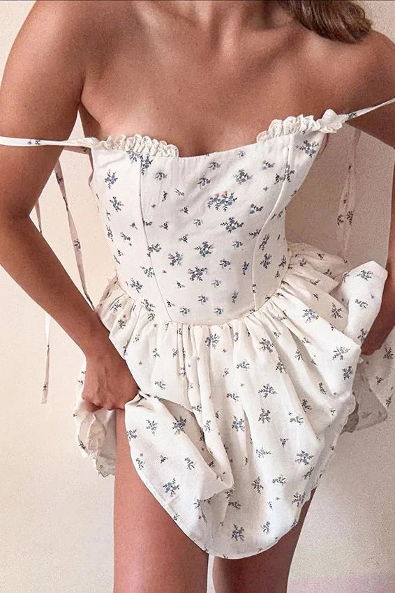Glorol - Elegant Floral Print Pleated Straps Sleeveless Slim Mini Dress