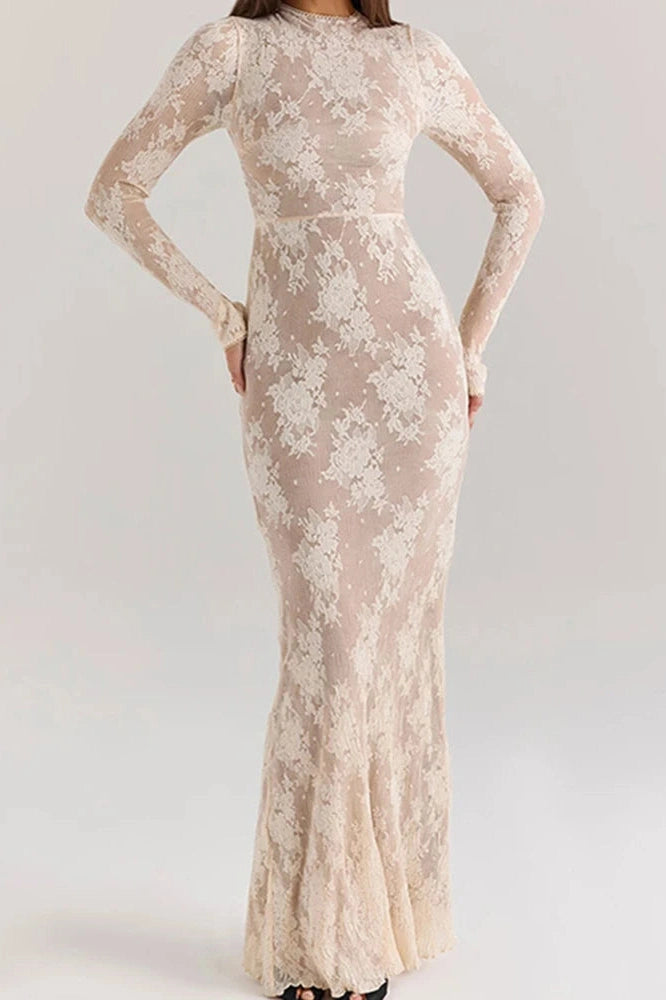 Glorol - Hollow Out O-Neck Pleated Printed Lace Long Sleeve Slim Maxi Dress