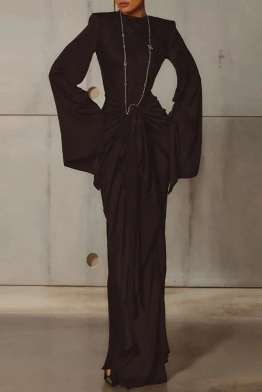 Glorol - O-Neck High Waist Pleated Long Sleeve Slim Maxi Dress