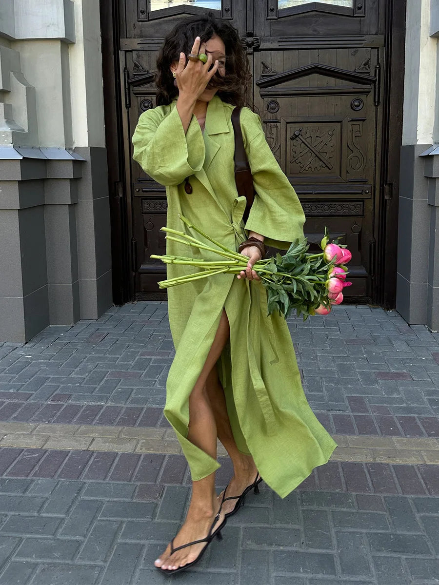 Glorol - Lace Up Long Sleeve Loose Maxi Dress