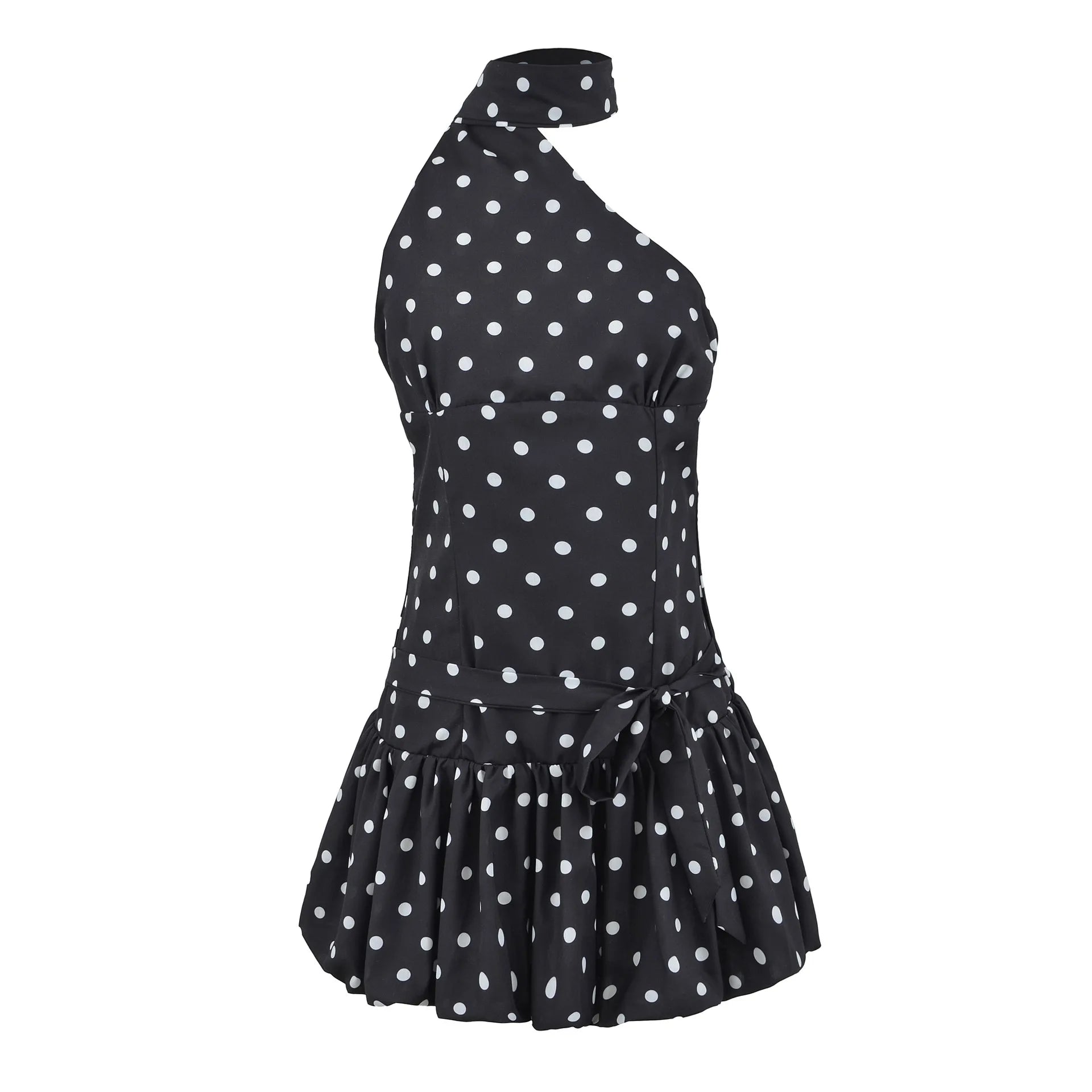 Glorol - Polka Dot Scarf Ribbon Mini Dress