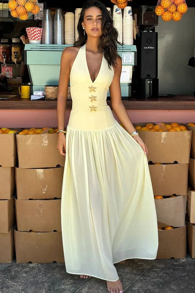 Glorol - Backless Deep V Neck Sleeveless Maxi Dress