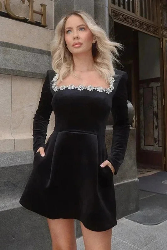 Glorol - Elegant Square Neck Velvet Slim A-Line Long Sleeve Mini Dress