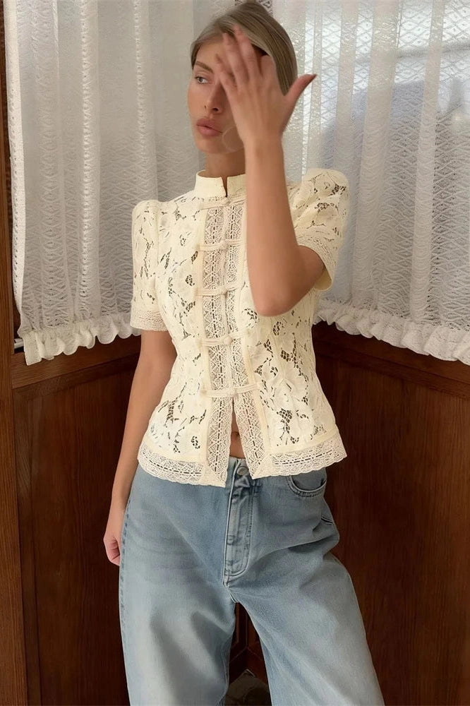 Glorol - Hollow Out Lace Short Sleeve Patchwork Top