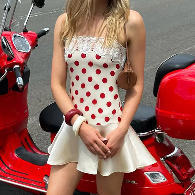 Glorol - Lace Polka Dot Patchwork Backless Mini Dress