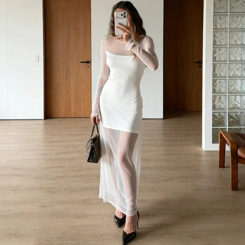 Glorol - Elegant See Through Patchwork High Waist Maxi Dress