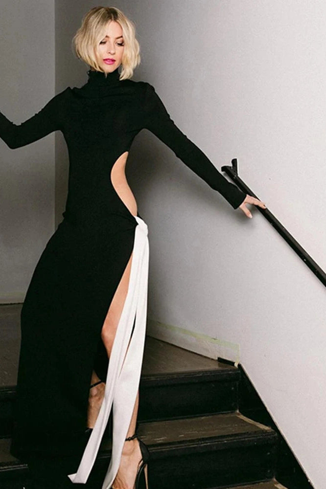 Glorol - Elegant Hollow Out Turtleneck Long Sleeve Maxi Dress
