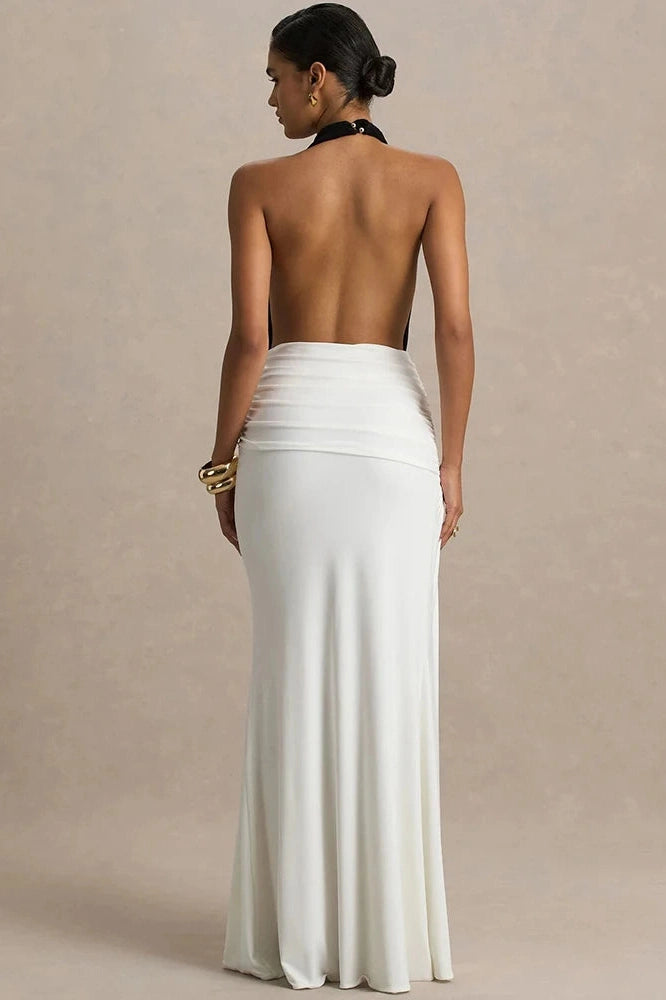 Glorol - Backless Patchwork Deep V Neck Sleeveless High Waist Split Maxi Dress