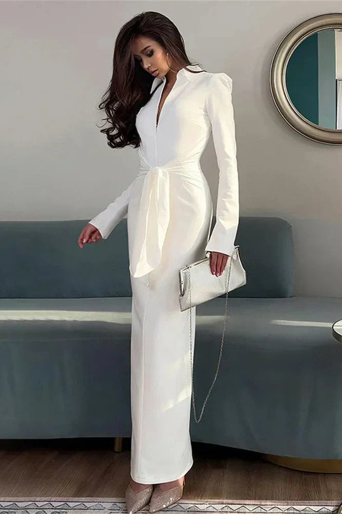 V-Neck Lace-Up High Waist Zipper Maxi Dress