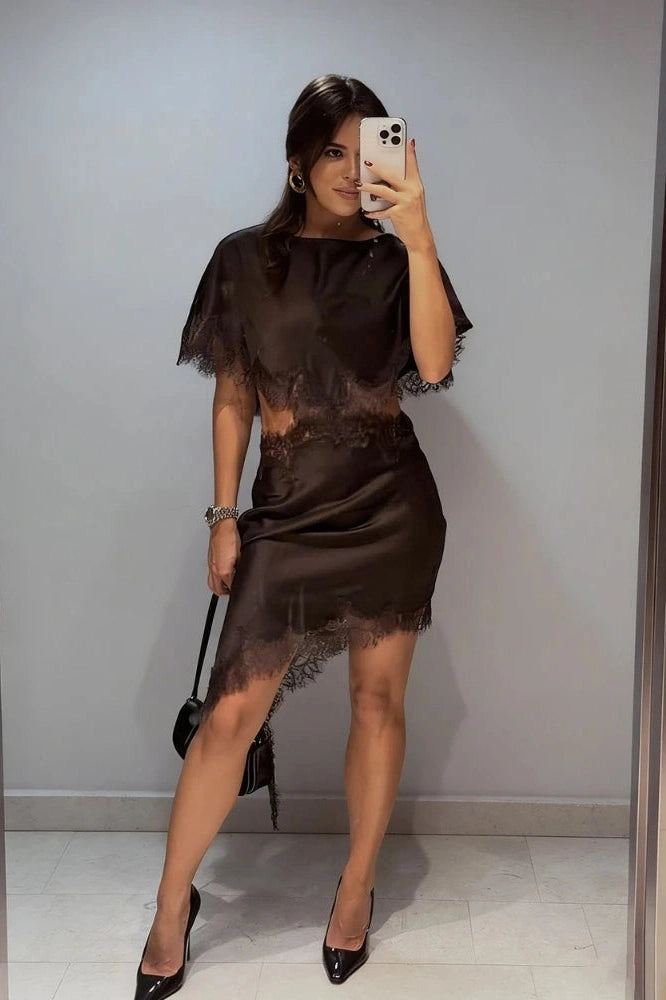 Glorol - Hollow Out Lace Patchwork Short Sleeve Printed Mini Dress