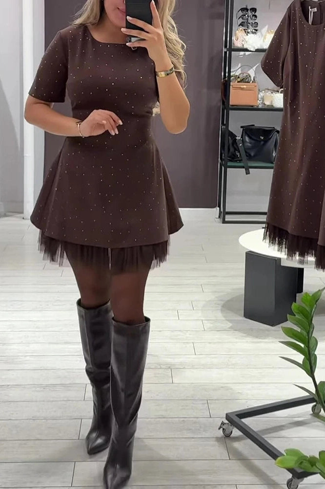 Glorol - Elegant O-Neck High Waist A-Line Short Sleeve Pleat Mini Dress