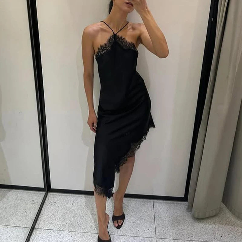 Glorol - Lace Backless Spaghetti Strap Irregular Midi Dress
