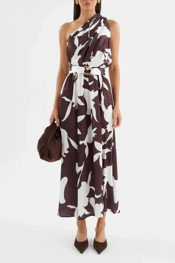 Glorol - One Shoulder High Waist Pleated Sleeveless Maxi Dress