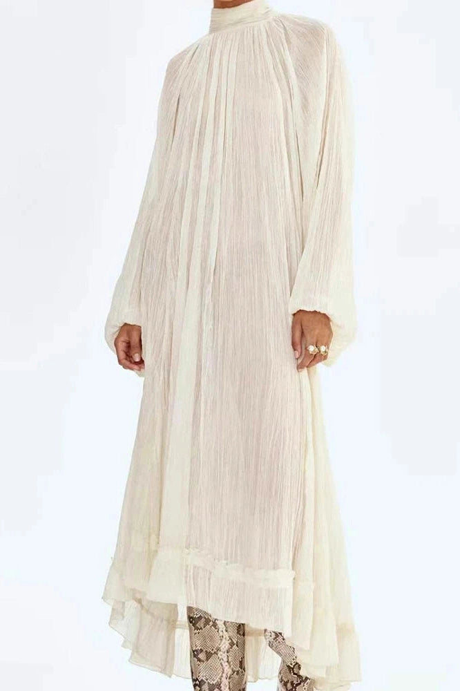 Glorol - Elegant Pleated O-Neck Long Sleeve Loose Maxi Dress