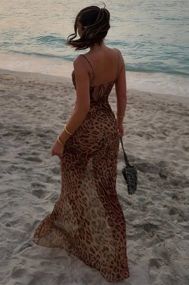 Glorol - Printed Lace-Up Backless Slim Maxi Dress