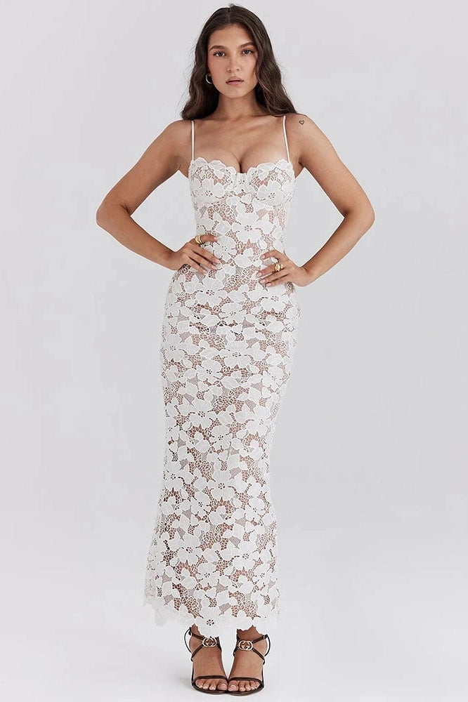 Glorol - Floral Embroidery Spaghetti Strap Sleeveless Maxi Dress