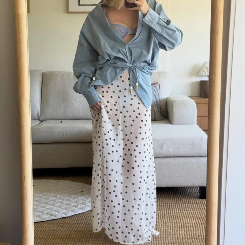 Glorol - High Waist Polka Dot See Through Printed Skirt