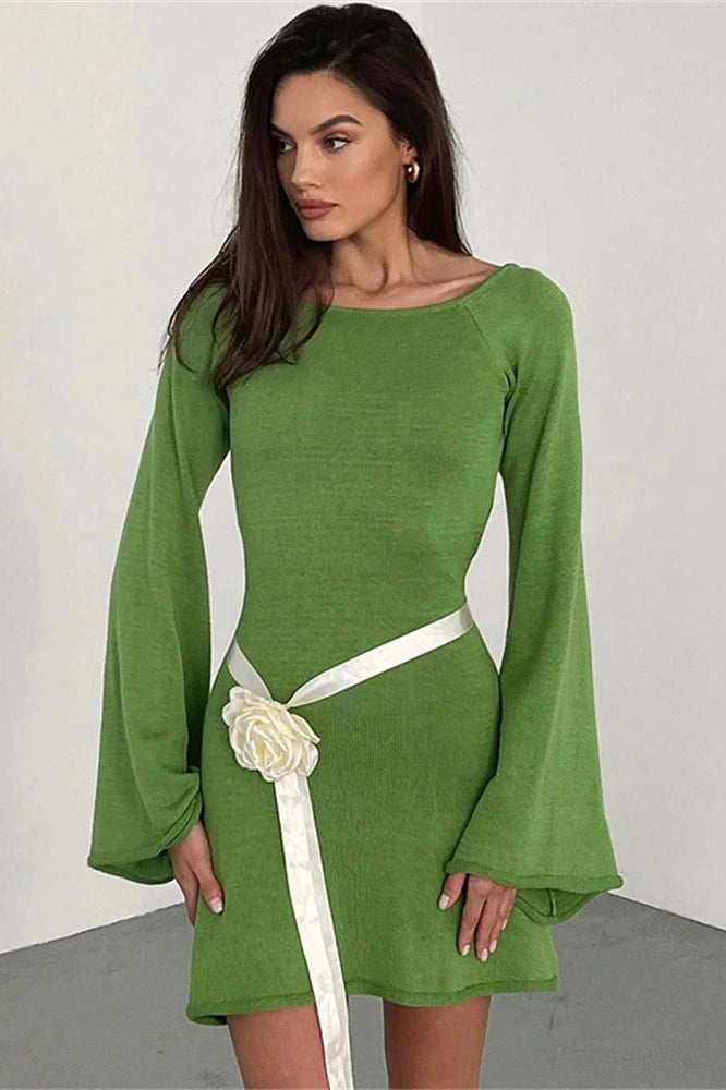 Glorol - Backless Lace-Up Long Sleeve High Waist Mini Dress