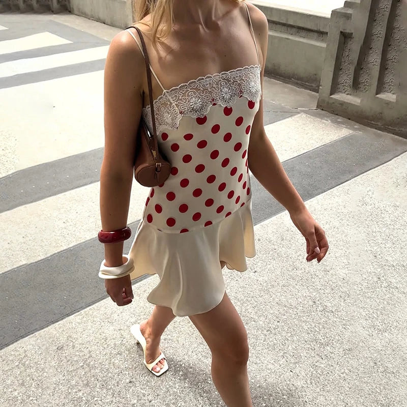 Glorol - Polka Dot Lace Slim Sleeveless Mini Dress
