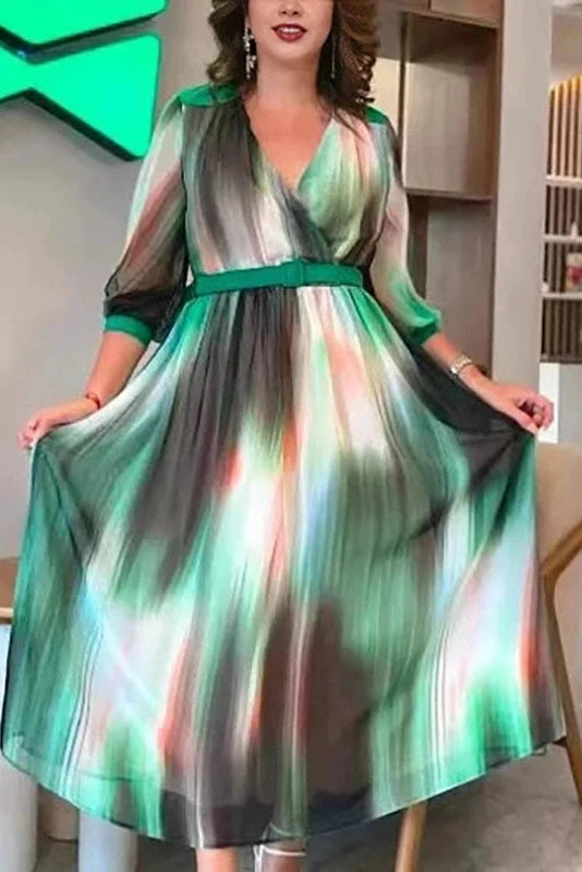 Glorol - Half Sleeve Loose V-Neck Printed Pleated Maxi Dress