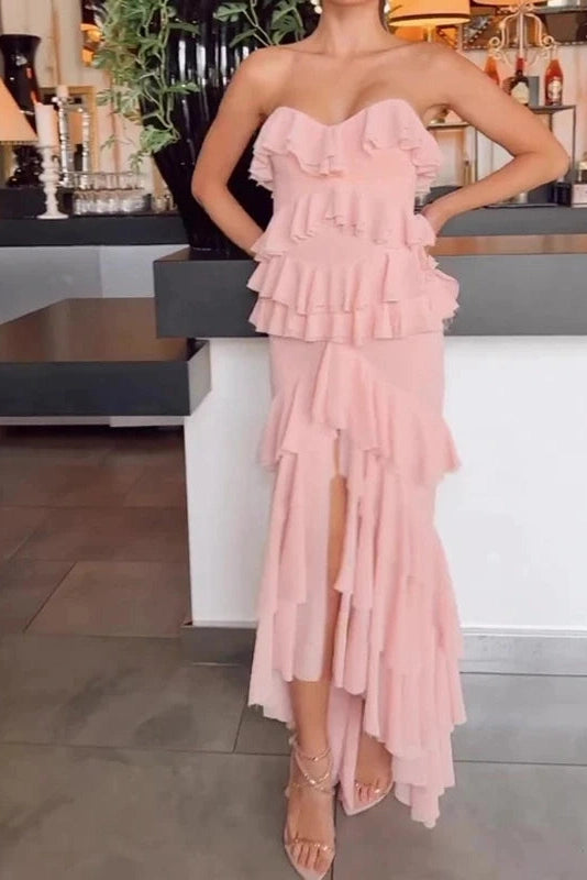 Glorol - Elegant High Waist Split Strapless Maxi Dress