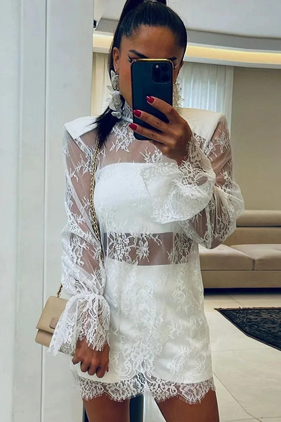 Glorol - Hollow Patchwork Lace A-Line Long-Sleeved Mini Dress