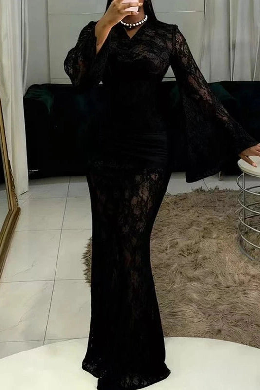 Glorol - Hollow Out Lace Flare Sleeve High Waist Slim Maxi Dress