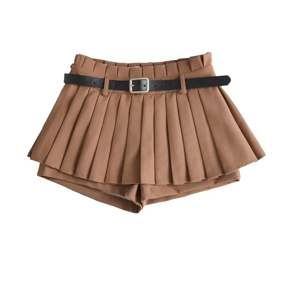 Glorol - Low Waist Pleated Belt Skirt