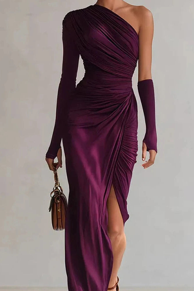 Glorol - Elegant One-Shoulder High Waist Pleated Slim Slash Collar Maxi Dress