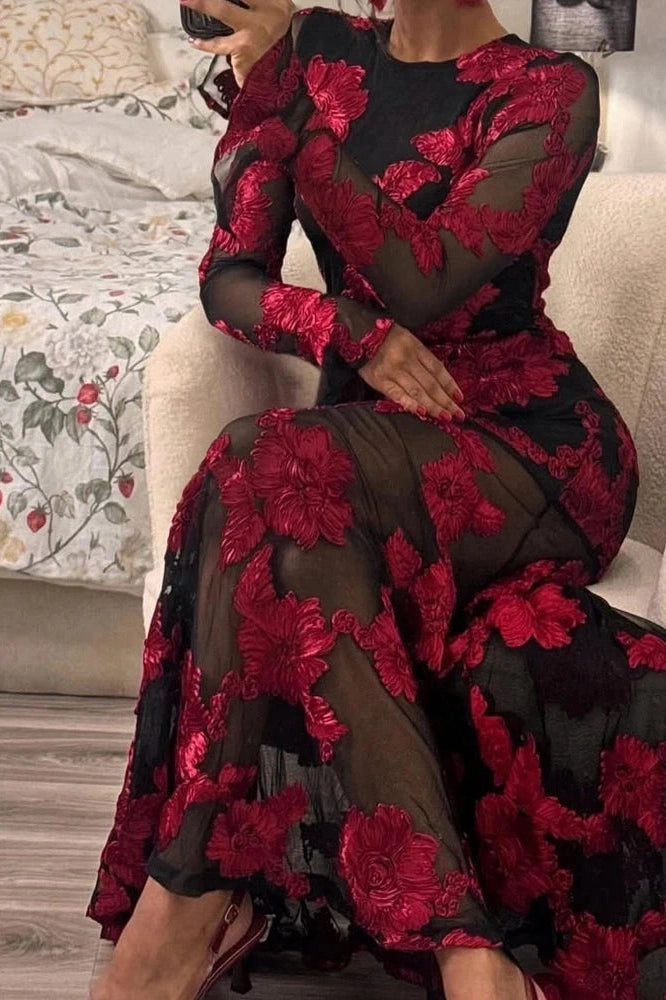Glorol - Lace Embroidery Floral Fit See-Through Backless High Waist Maxi Dress