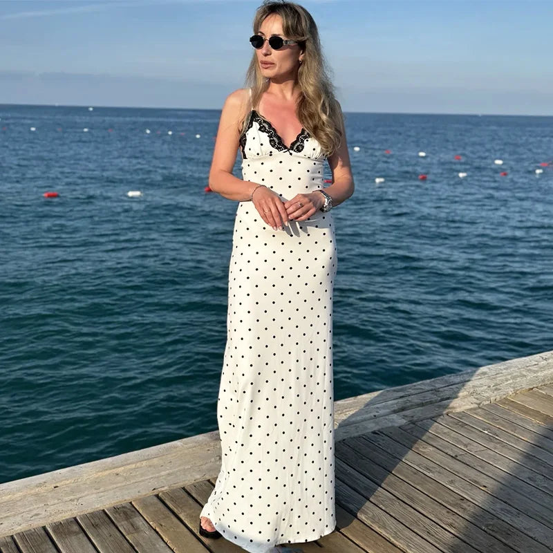 Glorol - Elegant Lace Polka Dot Patchwork Backless Maxi Dress