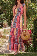 Glorol - Sleeveless Pleated High Waist Printed Maxi Dress