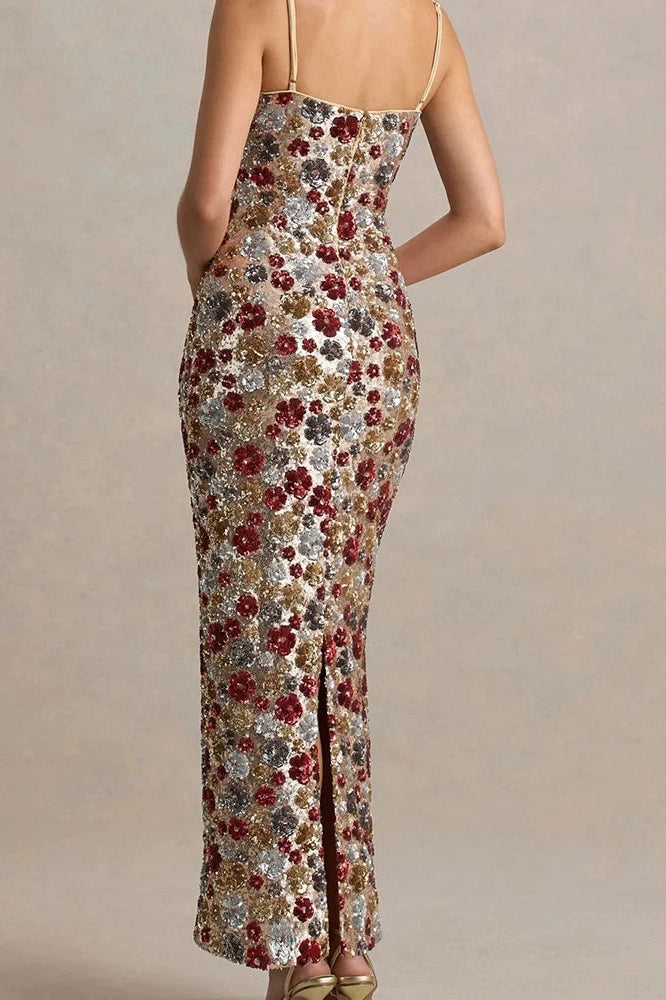 Glorol - Elegant Backless Sleeveless Floral Printed Maxi Dress
