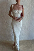 Hollow Out Lace Sleeveless Slim High Waist Pleated Maxi Dress