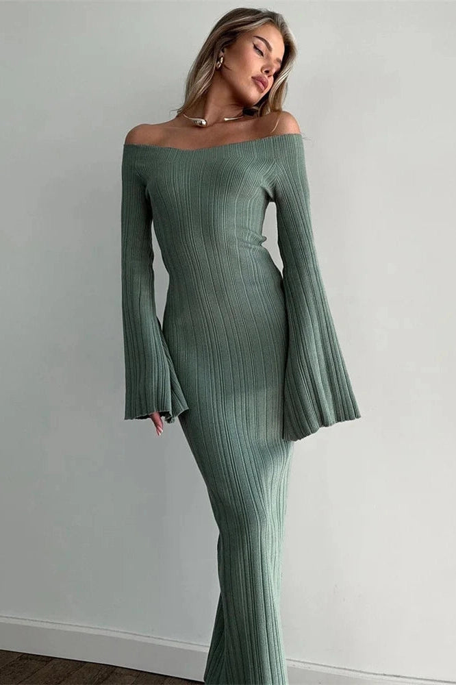 Glorol - Off-Shoulder High Waist Slim Long Sleeve Maxi Dress