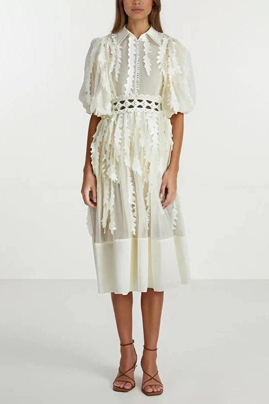 Glorol - Elegant Loose Puff Sleeve High Waist Midi Dress