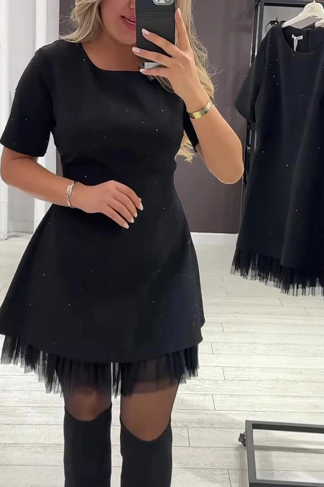 Glorol - Elegant O-Neck High Waist A-Line Short Sleeve Pleat Mini Dress