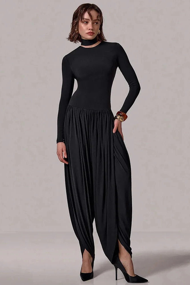 Glorol - Long Sleeve Patchwork High Waist Jumpsuit