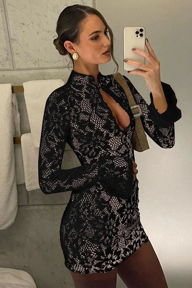 Glorol - Lace Hollow Out High Waist Long Sleeve Mini Dress