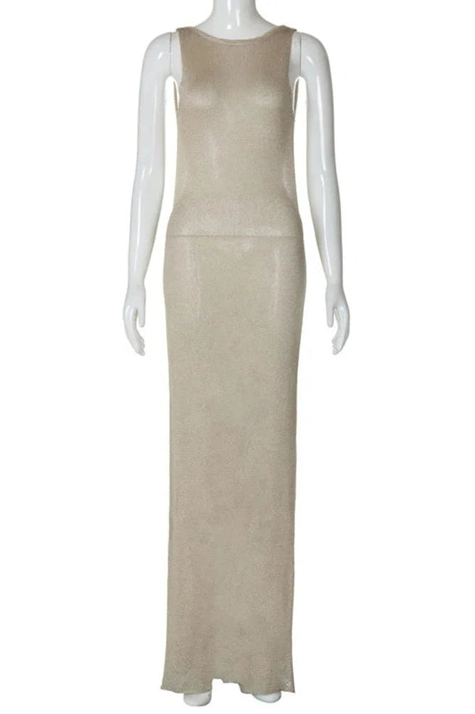 Glorol - Backless Slit Slim See-Through Maxi Dress