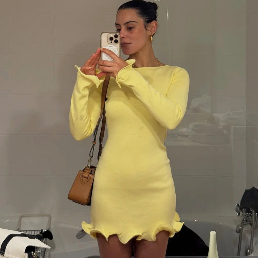 Glorol - Knitted O-Neck Long Sleeve Slim Mini Dress