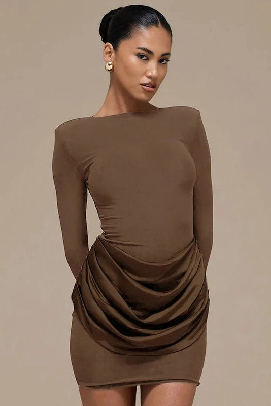 Glorol - Elegant Pleated Slim Round Neck Long Sleeve Mini Dress