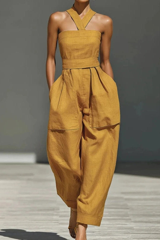 Glorol - Elegant Cross Halter Lace-Up Sleeveless Backless Jumpsuit