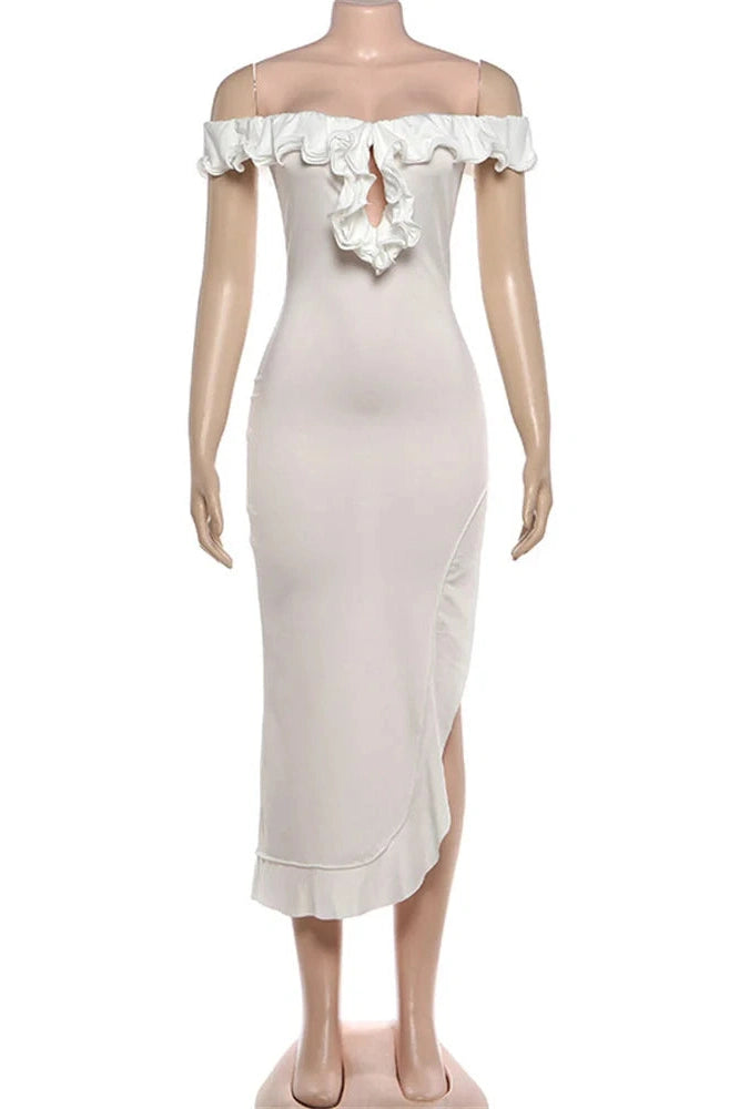 Glorol - Hollow Out Off-Shoulder High Waist Slim Midi Dress