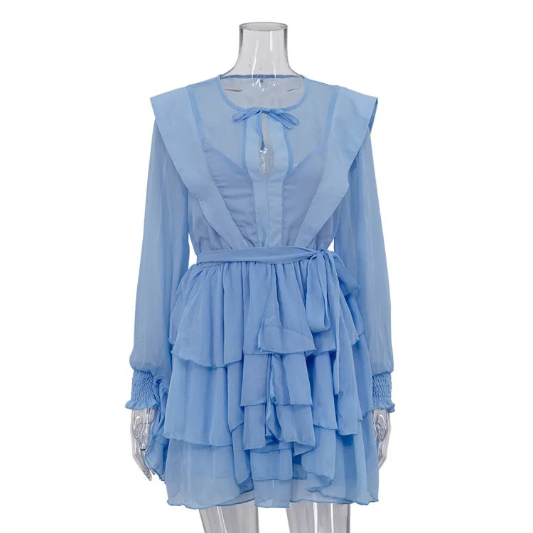 Glorol - See-Through Long Sleeve Lace Up Mini Dress