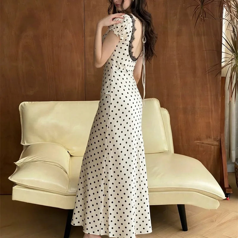 Glorol - Lace Polka Dot V-Neck Patchwork Lace-Up Maxi Dress