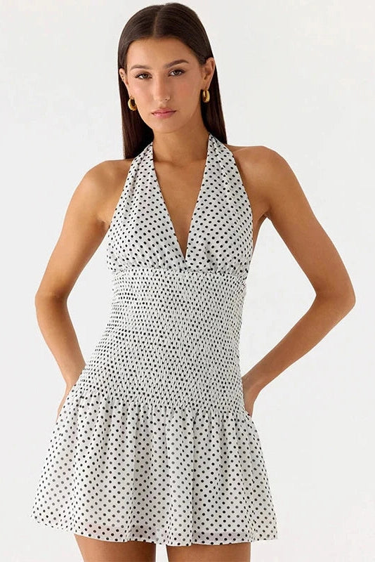 Glorol - Polka Dot Lace-Up Pleated Waist Backless Mini Dress